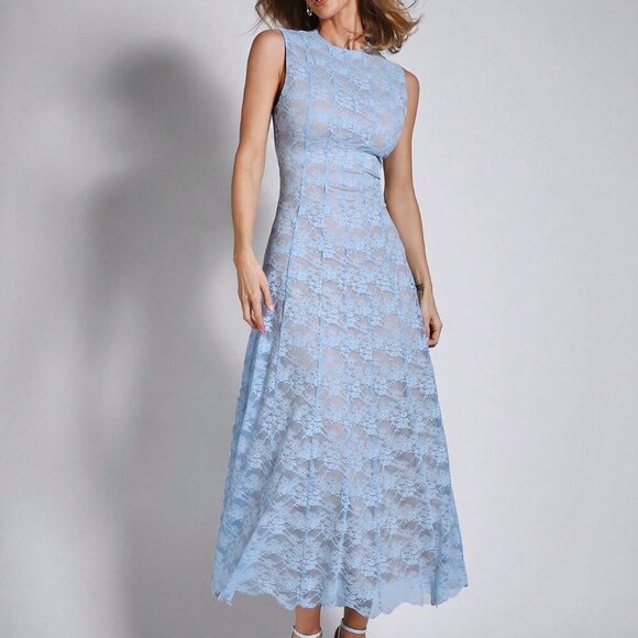Blue Elegant Women's Lace Sleeveless Mid-Length Dress - Picture 4 of 7